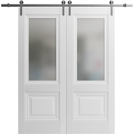 Sartodoors Sturdy Dbl Barn Door 84 x 80in W/, White Silk W/ Frosted Glass, SS 14FT Rail Hangers Heavy Set LUCIA8822DB-S-WS-84